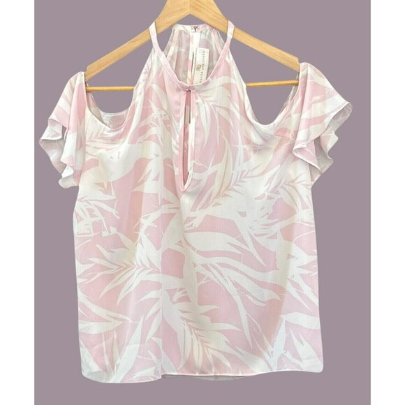 Amanda Uprichard Pink White Palm Print Cold Shoulder Halter Blouse Size Large - Picture 1 of 6